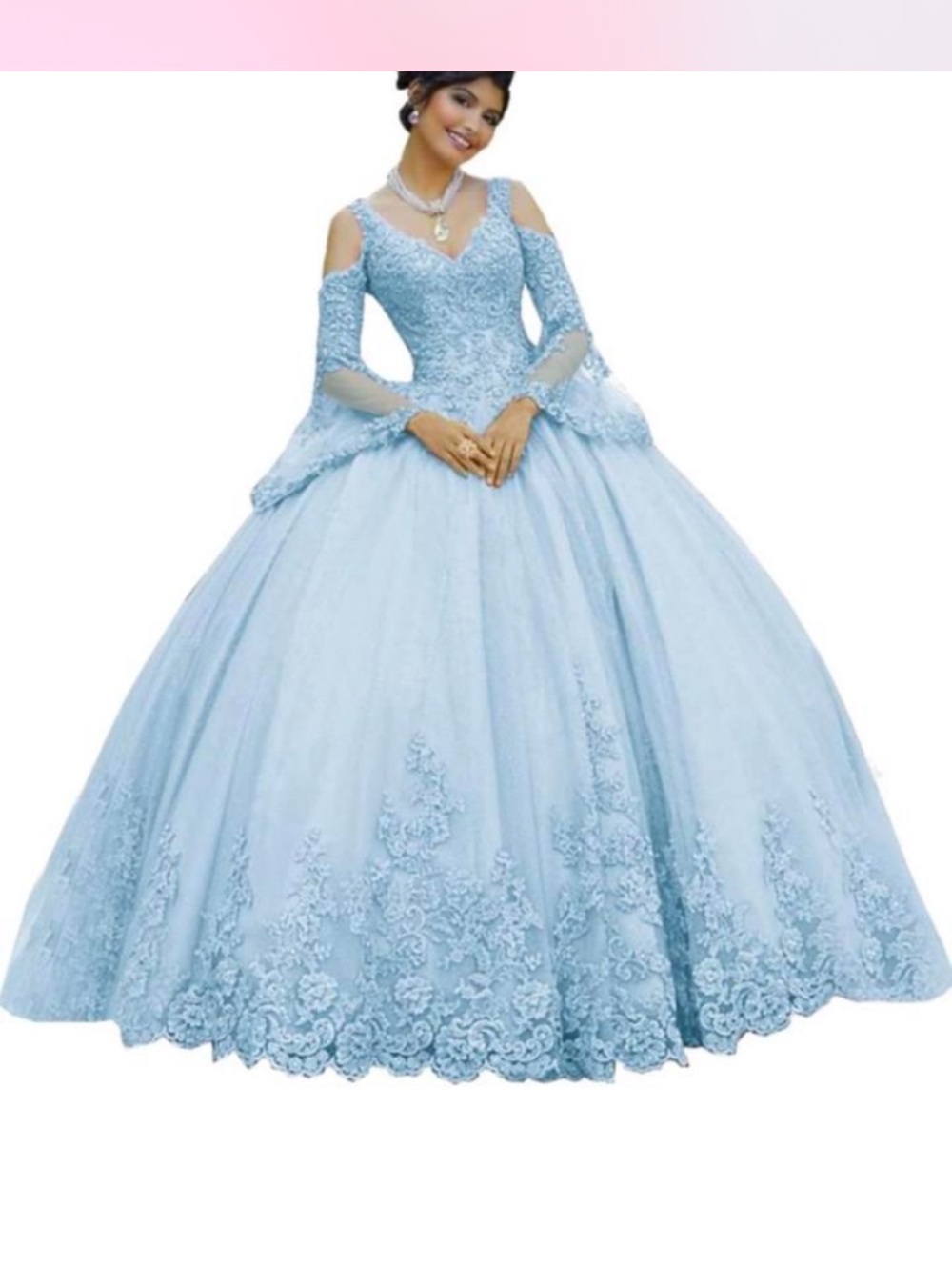 Cold-Shoulder Light Blue Lace Tulle Ball Gown Prom Dress